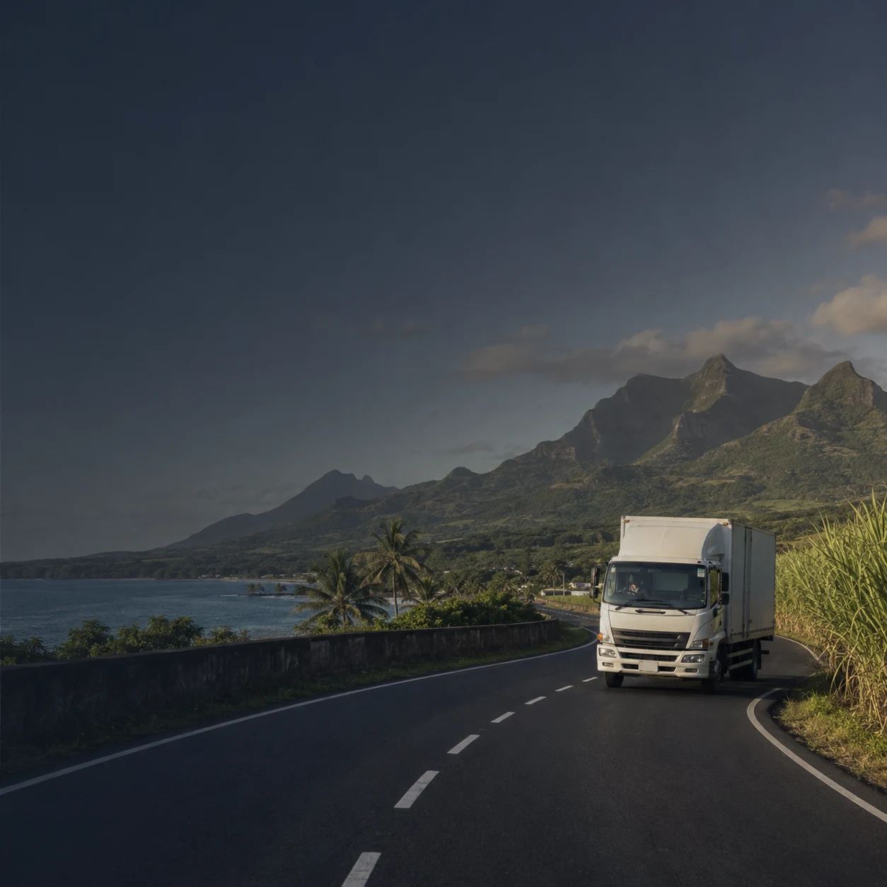 A commercial truck travelling along an island coastal road
